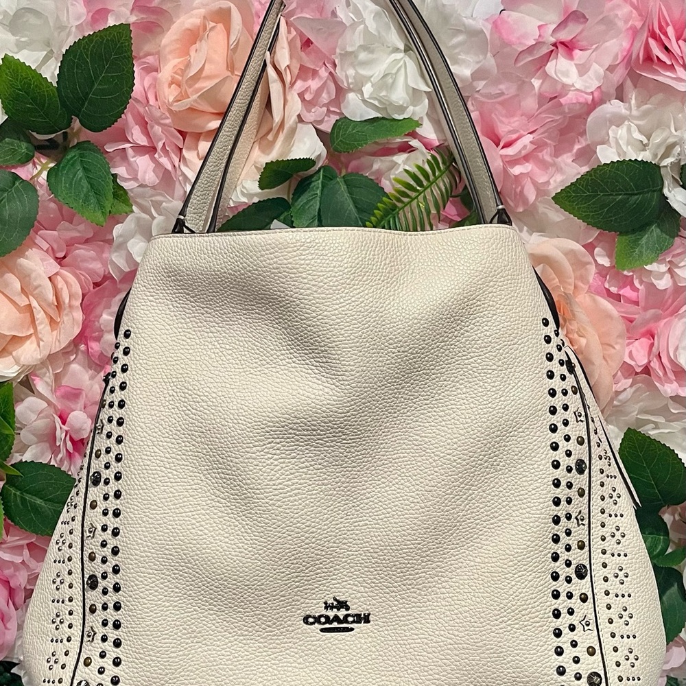 Coach Cream Pewter Grommets Leather Tote Bag